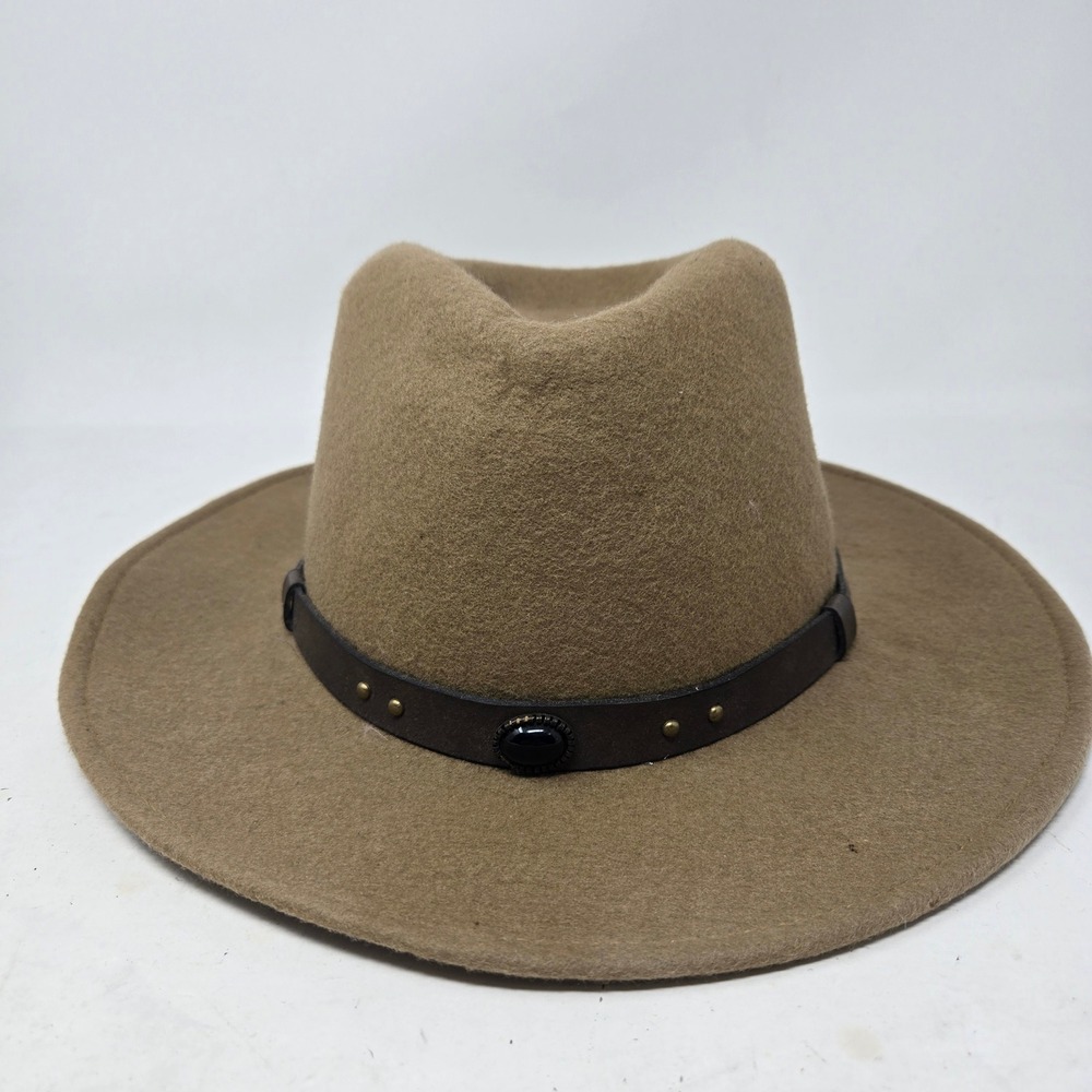 Gold Coast Sunwear Tan 100% Wool Wide Brim Fedora Hat Studded Band One Size